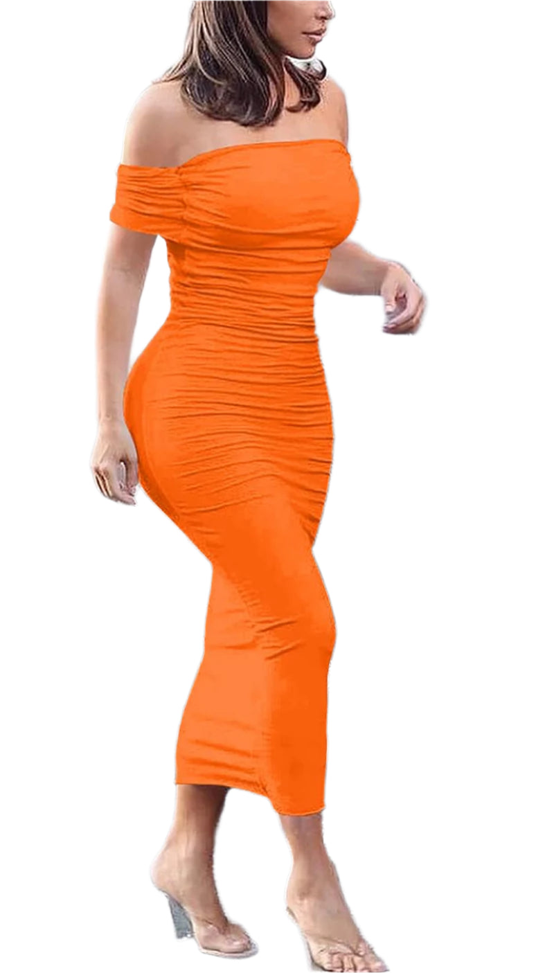 Women'S Ruched off Shoulder Short Sleeve Bodycon Midi Elegant Cocktail Party Dress