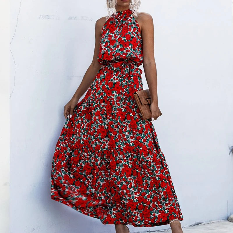 Summer Sexy Long Dress Women 2025 Fashion Sleeveless Print Flowers Polka-dot Halter Boho Dresses Women Casual Holiday Vestidos