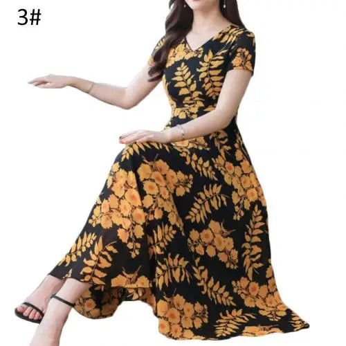 Summer Dress Women Floral Print Tight Waist Large Swing Loose Long Dress V-Neck Short Sleeve Maxi Dress