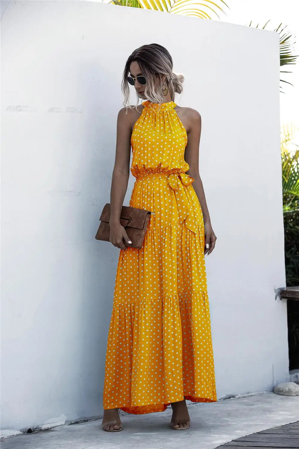 Summer Sexy Long Dress Women 2025 Fashion Sleeveless Print Flowers Polka-dot Halter Boho Dresses Women Casual Holiday Vestidos