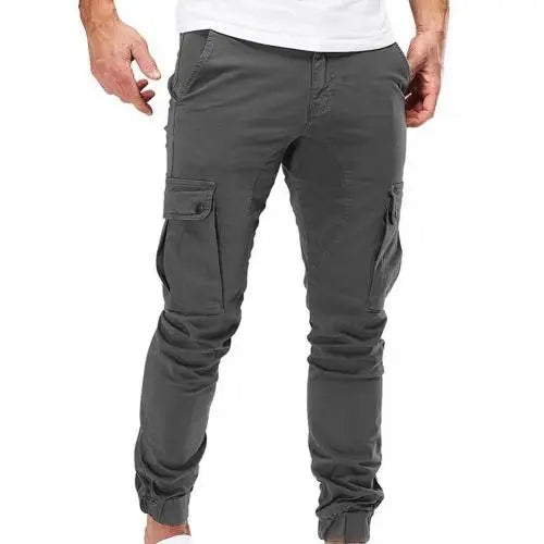 Men Pants Drawstring Solid Color Ankle Banded Casual Multi Pockets Cargo Pants for Daily Wear