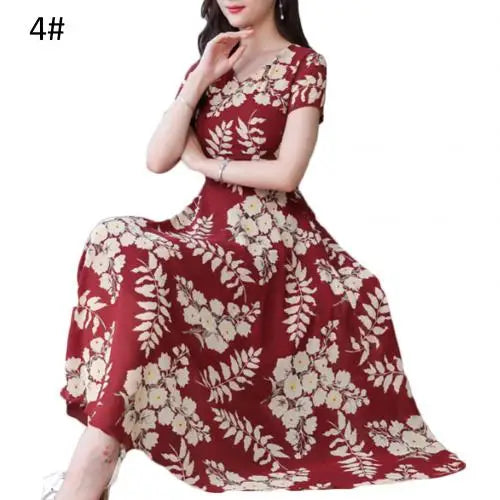Summer Dress Women Floral Print Tight Waist Large Swing Loose Long Dress V-Neck Short Sleeve Maxi Dress