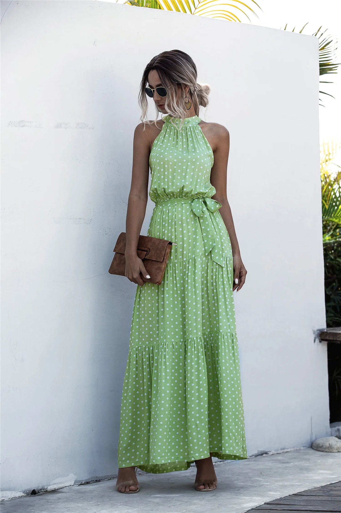 Summer Sexy Long Dress Women 2025 Fashion Sleeveless Print Flowers Polka-dot Halter Boho Dresses Women Casual Holiday Vestidos