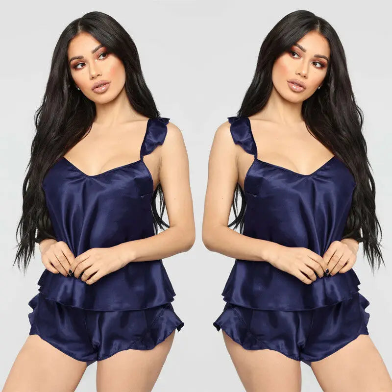 Women Sleepwear Babydoll Lingerie Nightwear Shorts Pjama Set Ruffles Solid Satin Silk Lace Homewear S-XXL