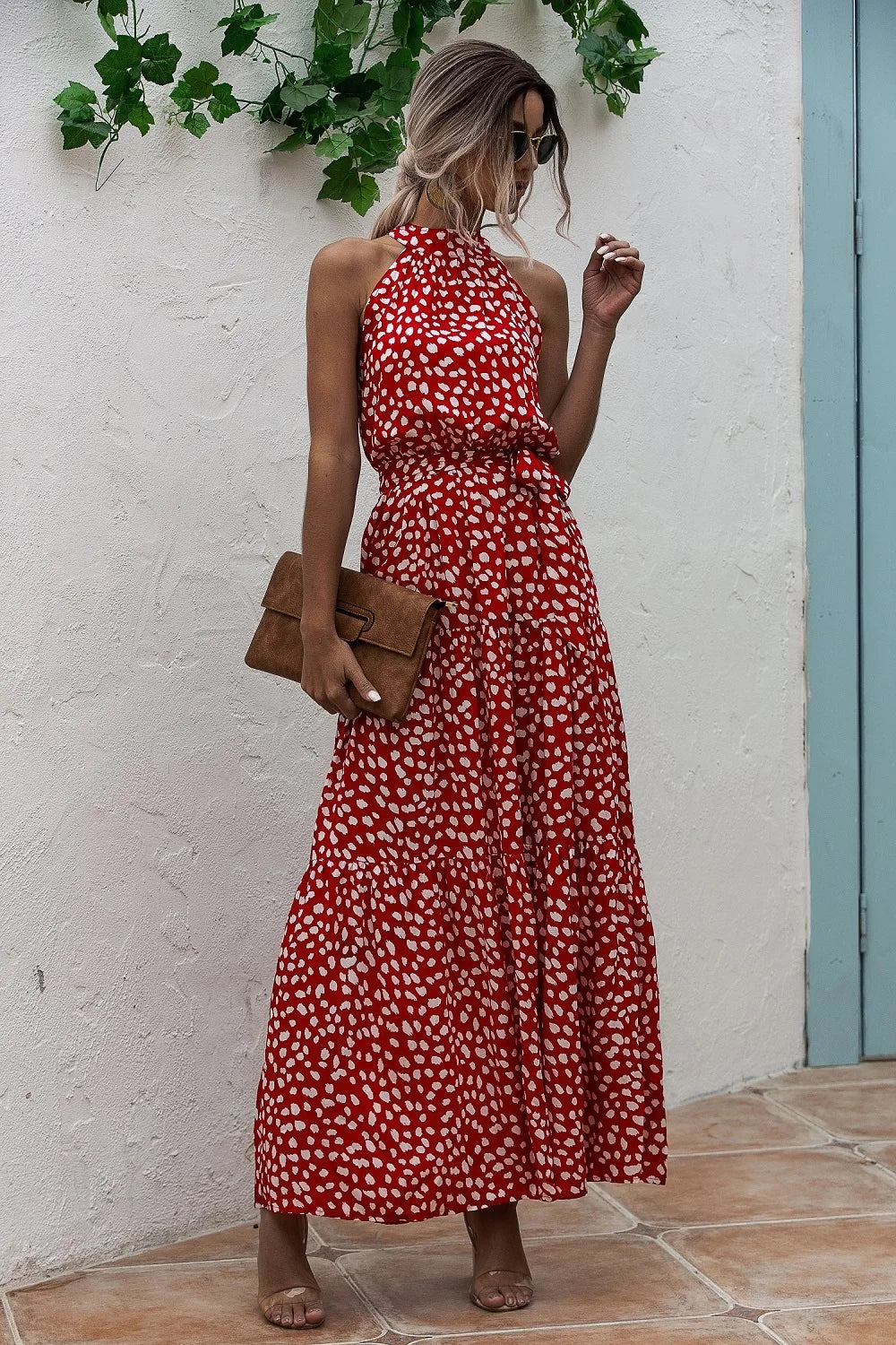 Summer Sexy Long Dress Women 2025 Fashion Sleeveless Print Flowers Polka-dot Halter Boho Dresses Women Casual Holiday Vestidos