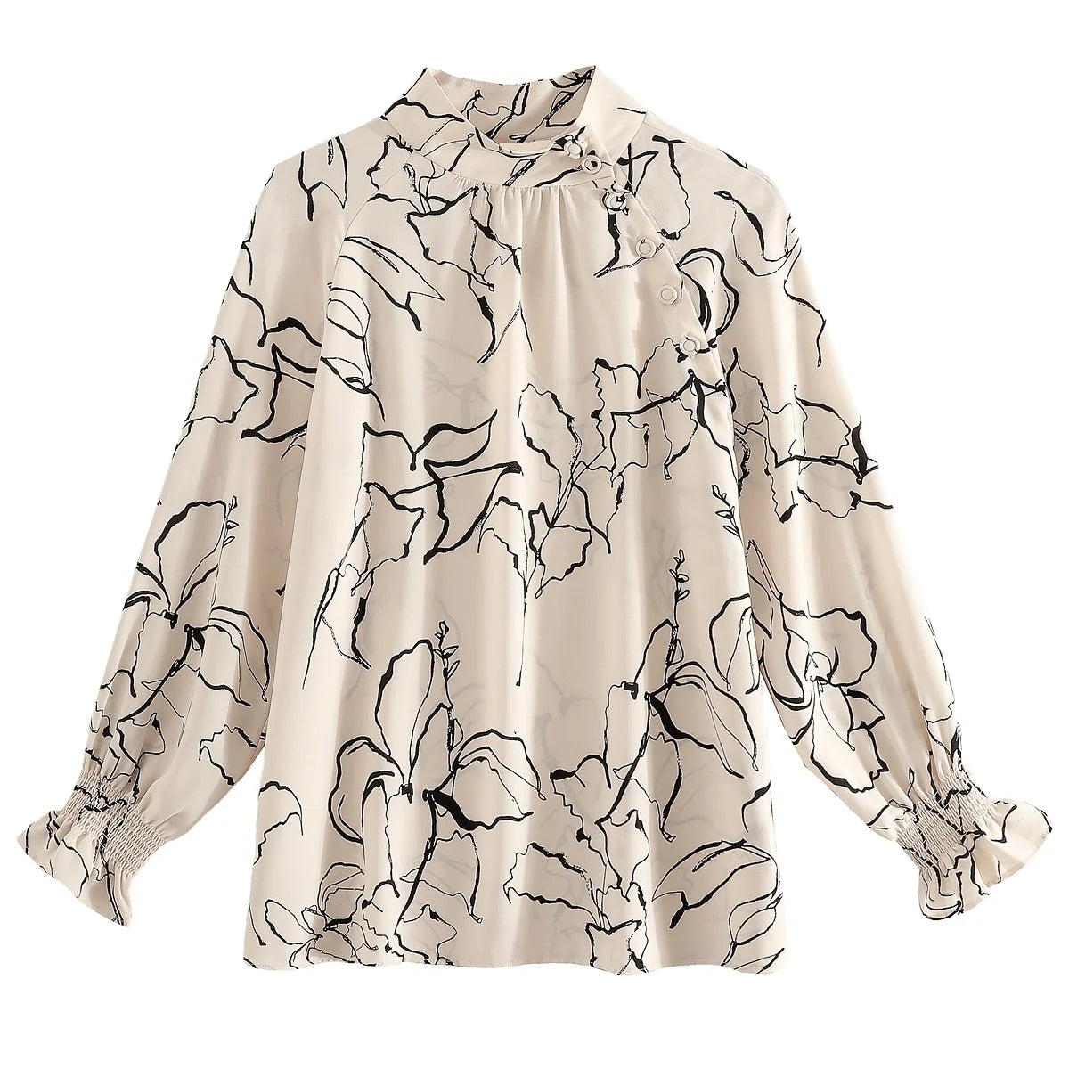 New Fashion Chiffon Long-sleeved Flared Sleeve Semi-turtleneck Print Solid-color Shirt Female Casual Loose Blouse