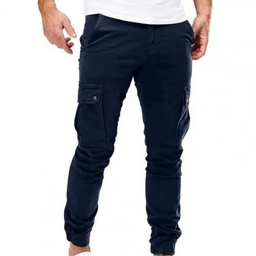 Men Pants Drawstring Solid Color Ankle Banded Casual Multi Pockets Cargo Pants for Daily Wear