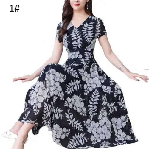 Summer Dress Women Floral Print Tight Waist Large Swing Loose Long Dress V-Neck Short Sleeve Maxi Dress
