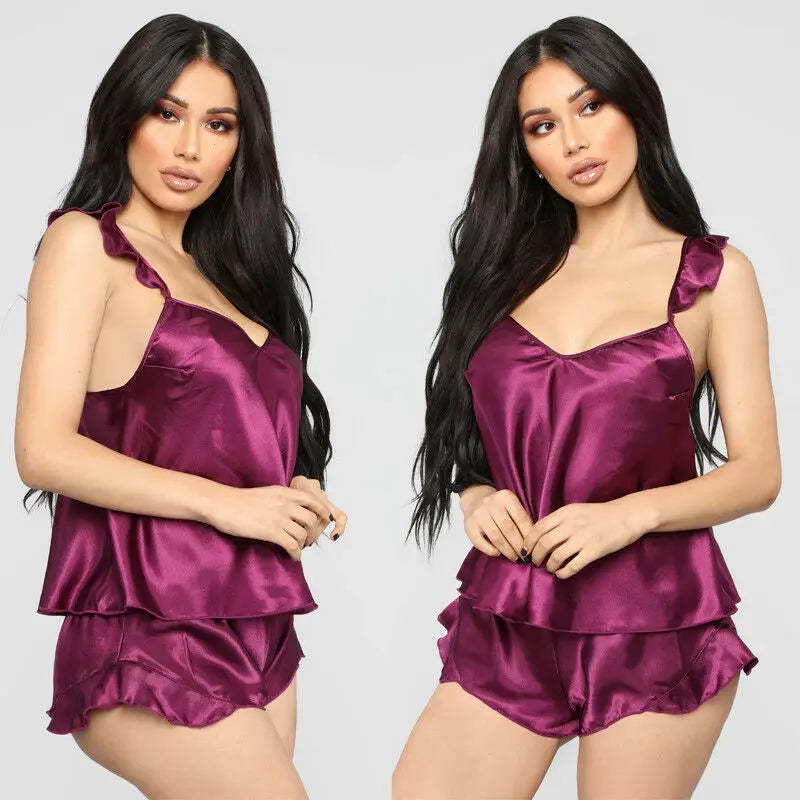 Women Sleepwear Babydoll Lingerie Nightwear Shorts Pjama Set Ruffles Solid Satin Silk Lace Homewear S-XXL