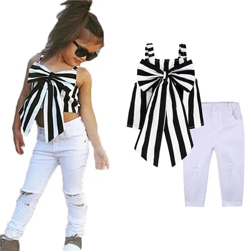 Girls Clothing Sets 2025 Summer New Children Girls Clothing Sets Kids Strapless Striped bowknot top + pants Suit Clothes TZ528