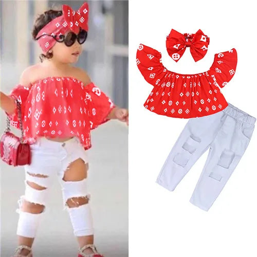 Girls Clothing Sets 2025 Summer New Children Girls Clothing Sets Kids Strapless Striped bowknot top + pants Suit Clothes TZ528