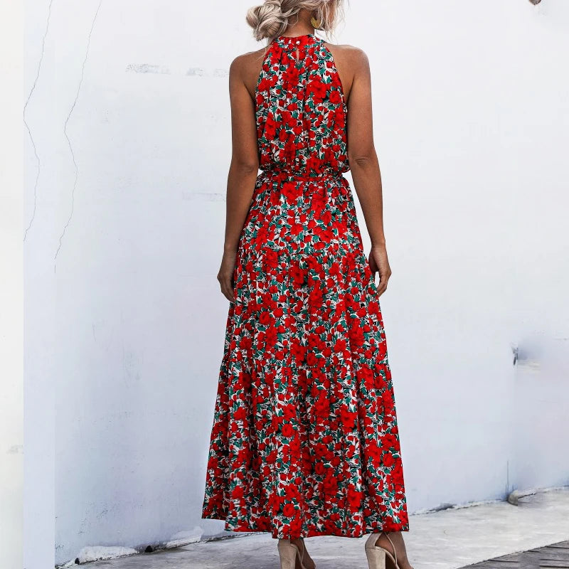 Summer Sexy Long Dress Women 2025 Fashion Sleeveless Print Flowers Polka-dot Halter Boho Dresses Women Casual Holiday Vestidos