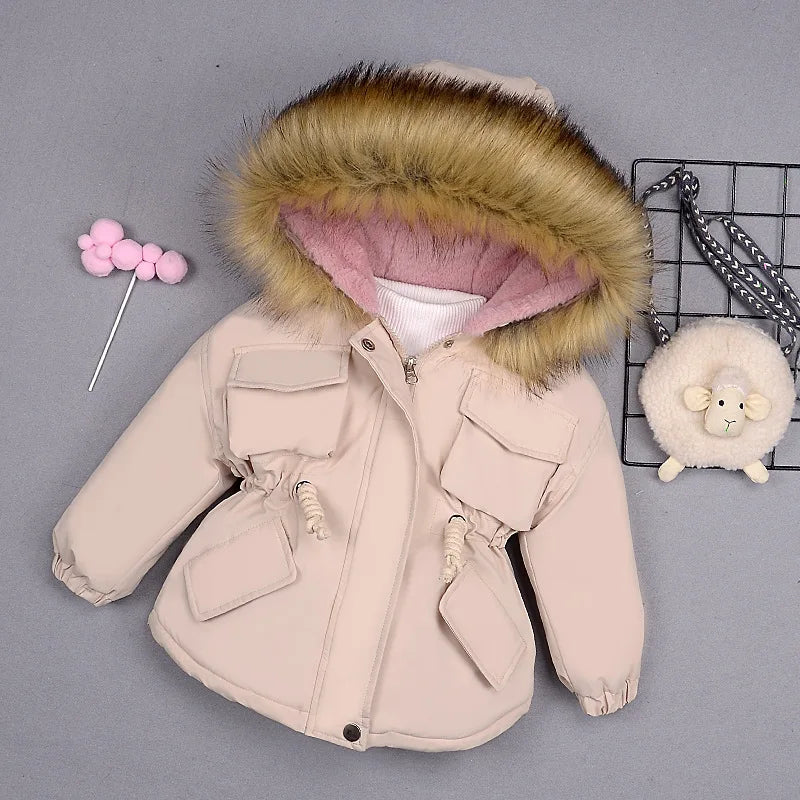 Winter warm children's jacket with hooded fur collar Outerwear Korean version trendy Child girl coat suitable for 2-8 years old