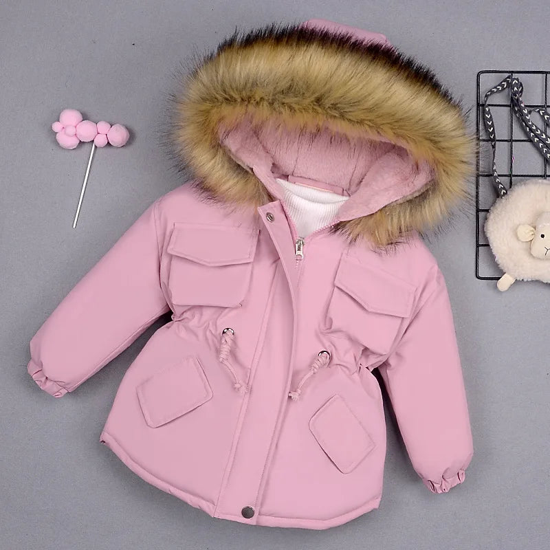 Winter warm children's jacket with hooded fur collar Outerwear Korean version trendy Child girl coat suitable for 2-8 years old