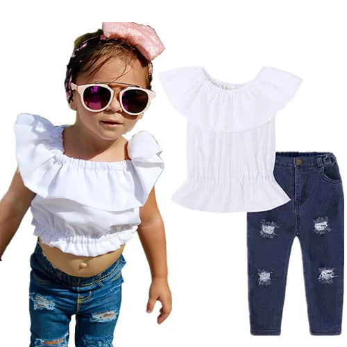 Girls Clothing Sets 2025 Summer New Children Girls Clothing Sets Kids Strapless Striped bowknot top + pants Suit Clothes TZ528