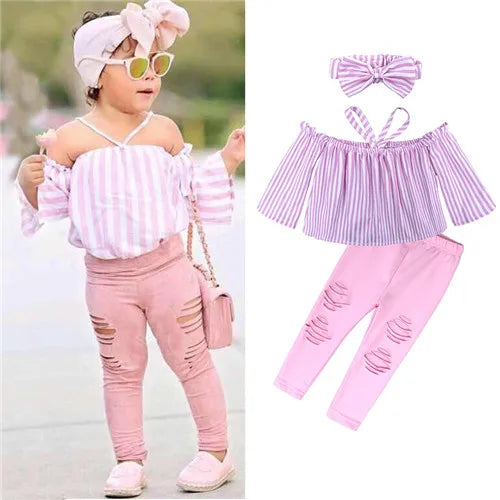Girls Clothing Sets 2025 Summer New Children Girls Clothing Sets Kids Strapless Striped bowknot top + pants Suit Clothes TZ528