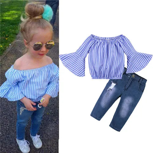Girls Clothing Sets 2025 Summer New Children Girls Clothing Sets Kids Strapless Striped bowknot top + pants Suit Clothes TZ528
