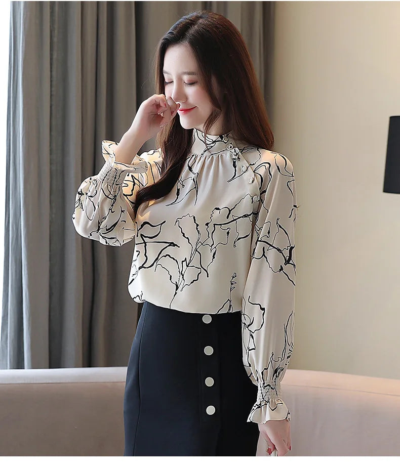New Fashion Chiffon Long-sleeved Flared Sleeve Semi-turtleneck Print Solid-color Shirt Female Casual Loose Blouse
