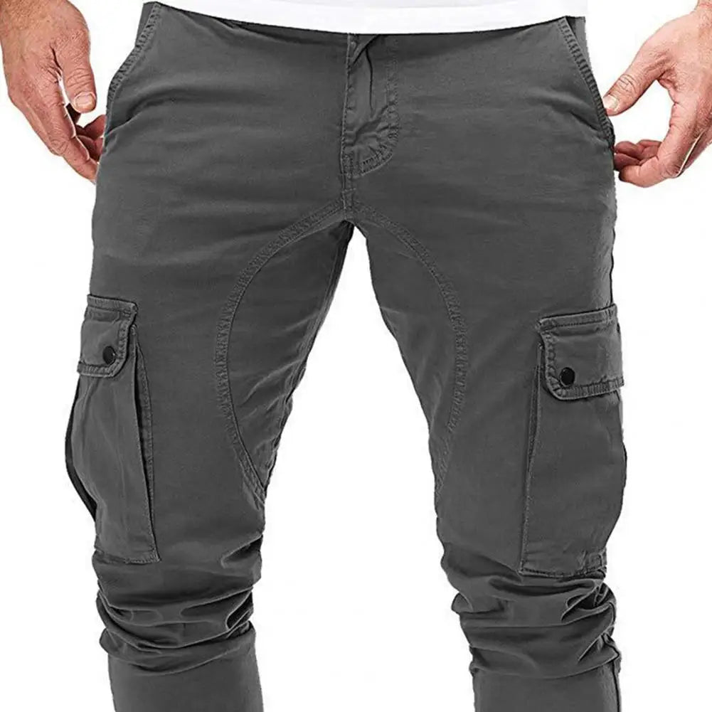 Men Pants Drawstring Solid Color Ankle Banded Casual Multi Pockets Cargo Pants for Daily Wear