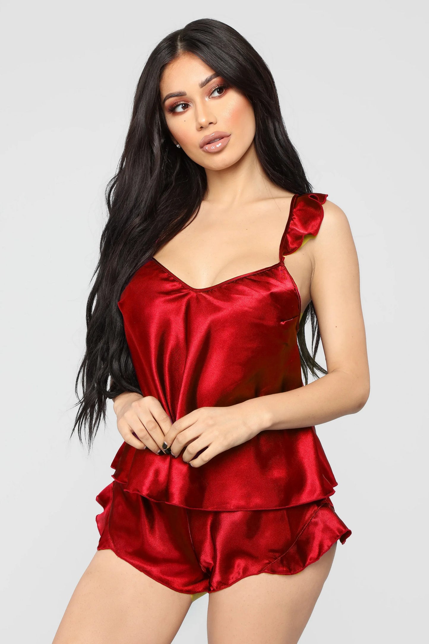 Women Sleepwear Babydoll Lingerie Nightwear Shorts Pjama Set Ruffles Solid Satin Silk Lace Homewear S-XXL