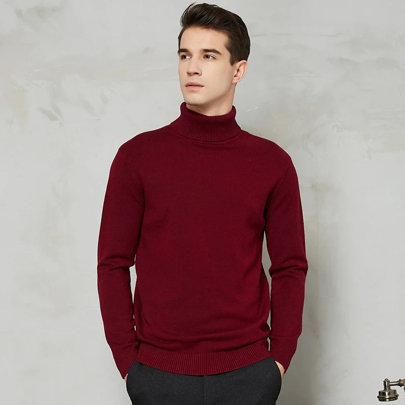 Autumn Winter Warm Men Turtleneck Warm Wool Cotton Sweaters Solid Color Casual Knitter Pullovers New Year Red Christmas Sweater