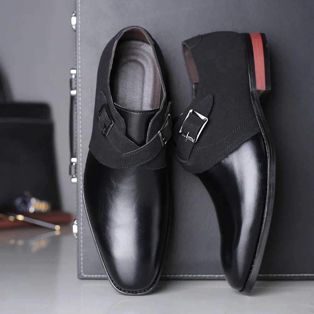 Men's Fashion Splicing Buckle Derby Shoes Men Leather Dress Shoes Wedding Party Shoes Mens Business Office Oxfords Slip-On Flats