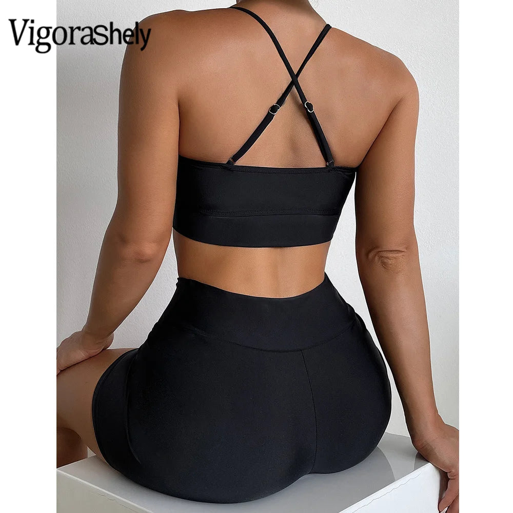 VigorCasey Sexy Black Vest Bikini Set Push Up Swimwear Women 2025 High Waist Bottom Swimsuit Biquini Backless Corss Bathing Suit