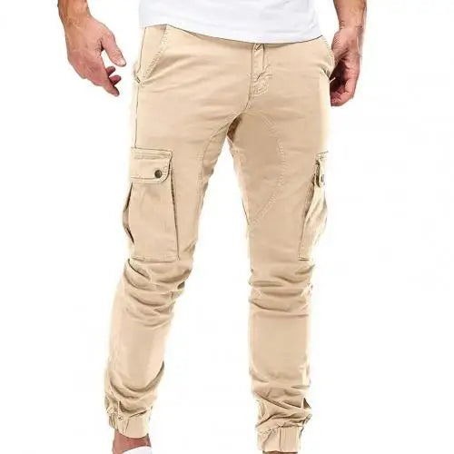 Men Pants Drawstring Solid Color Ankle Banded Casual Multi Pockets Cargo Pants for Daily Wear