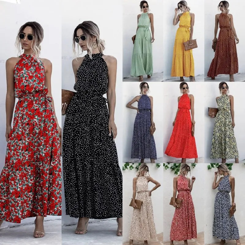 Summer Sexy Long Dress Women 2025 Fashion Sleeveless Print Flowers Polka-dot Halter Boho Dresses Women Casual Holiday Vestidos
