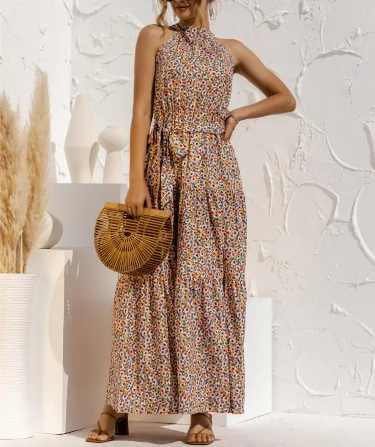 Summer Sexy Long Dress Women 2025 Fashion Sleeveless Print Flowers Polka-dot Halter Boho Dresses Women Casual Holiday Vestidos