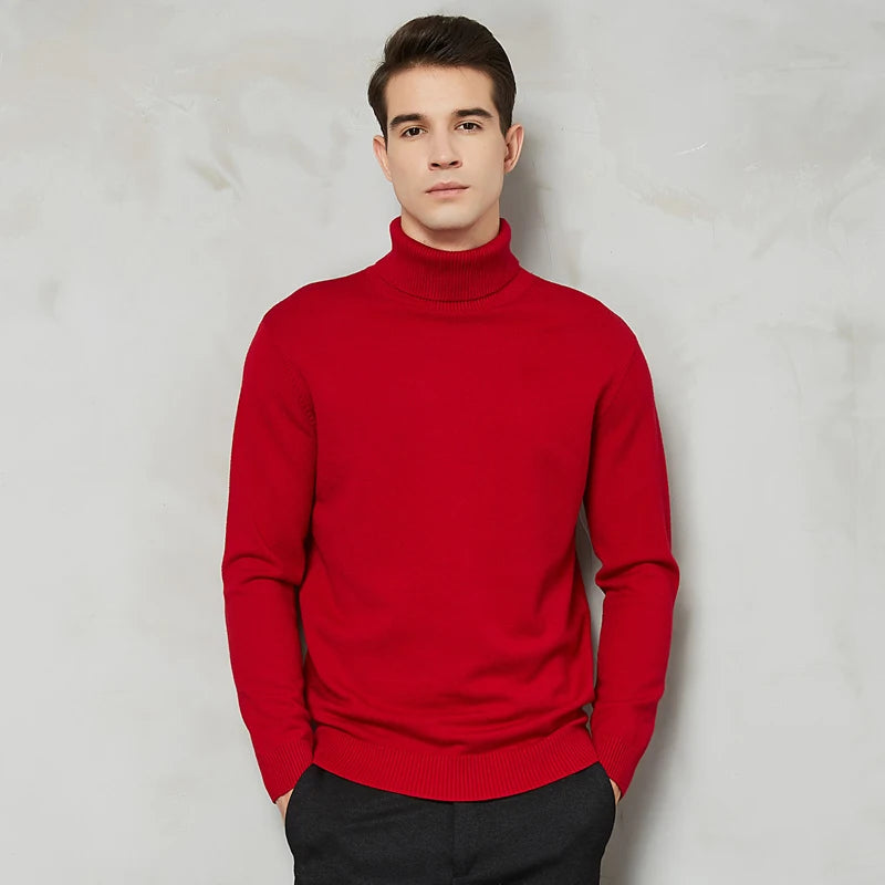 Autumn Winter Warm Men Turtleneck Warm Wool Cotton Sweaters Solid Color Casual Knitter Pullovers New Year Red Christmas Sweater
