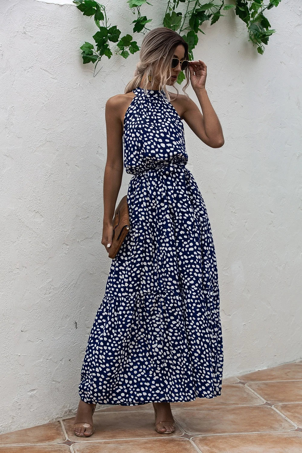 Summer Sexy Long Dress Women 2025 Fashion Sleeveless Print Flowers Polka-dot Halter Boho Dresses Women Casual Holiday Vestidos