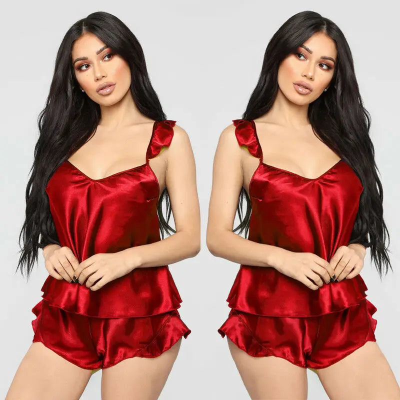 Women Sleepwear Babydoll Lingerie Nightwear Shorts Pjama Set Ruffles Solid Satin Silk Lace Homewear S-XXL