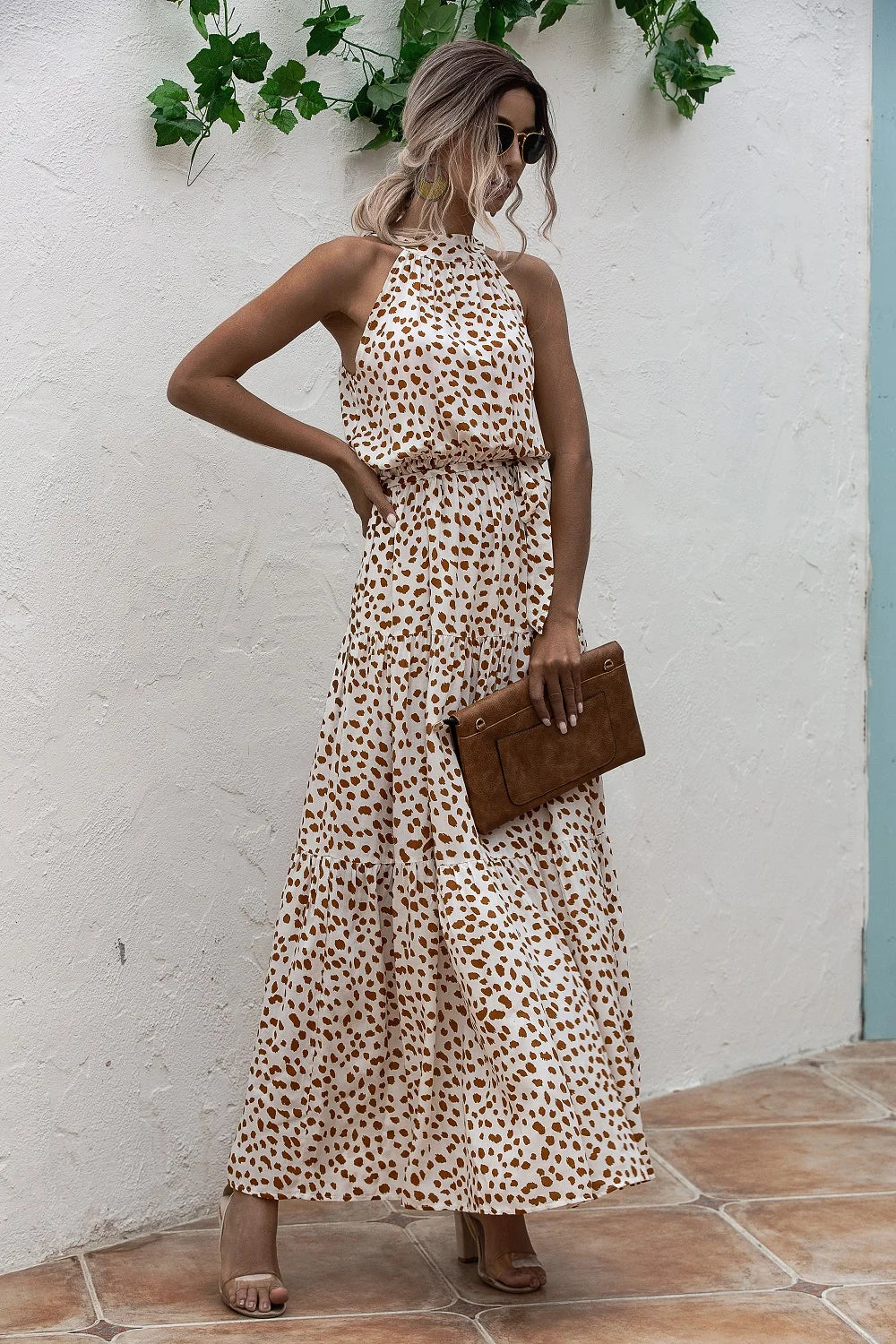 Summer Sexy Long Dress Women 2025 Fashion Sleeveless Print Flowers Polka-dot Halter Boho Dresses Women Casual Holiday Vestidos