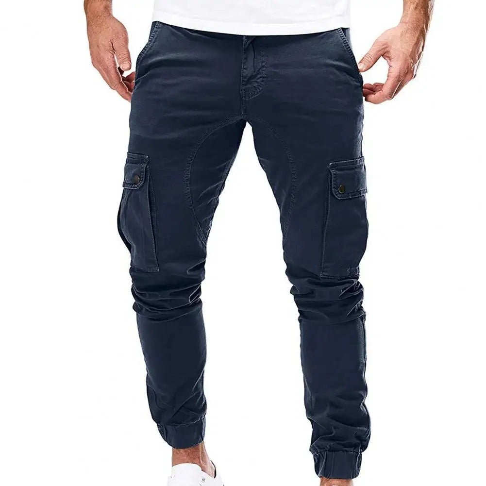 Men Pants Drawstring Solid Color Ankle Banded Casual Multi Pockets Cargo Pants for Daily Wear