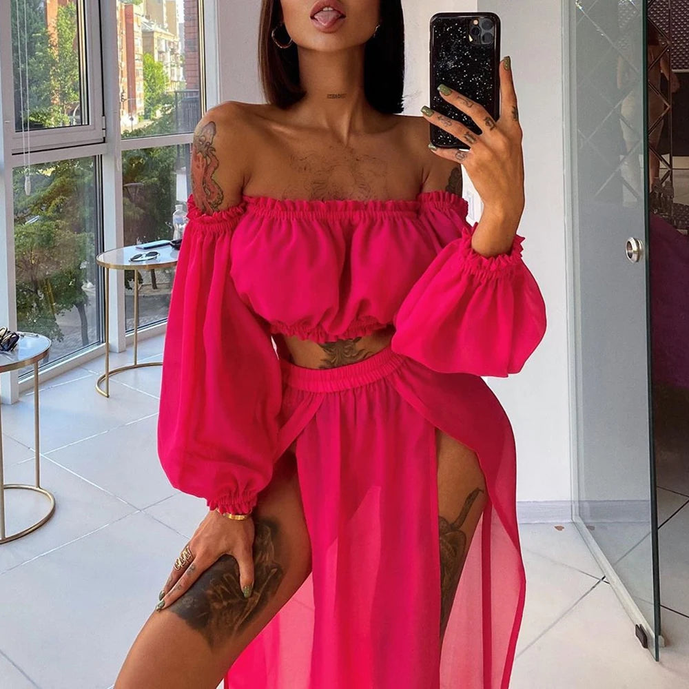 Women Beach 2pcs Bikini Cover-Ups Swimsuit Off Shoulder Top+ High Waist Dresss Sexy Ladies Swimming Cover Up Bathing Suit