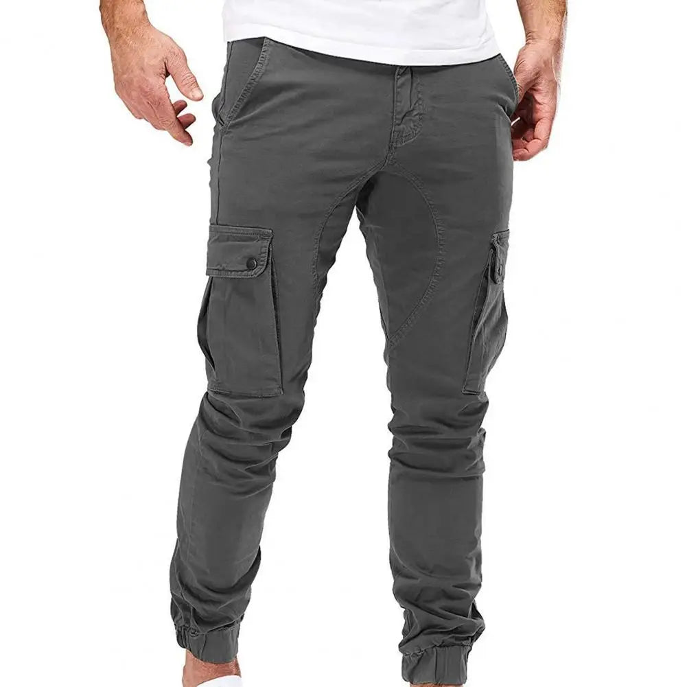 Men Pants Drawstring Solid Color Ankle Banded Casual Multi Pockets Cargo Pants for Daily Wear