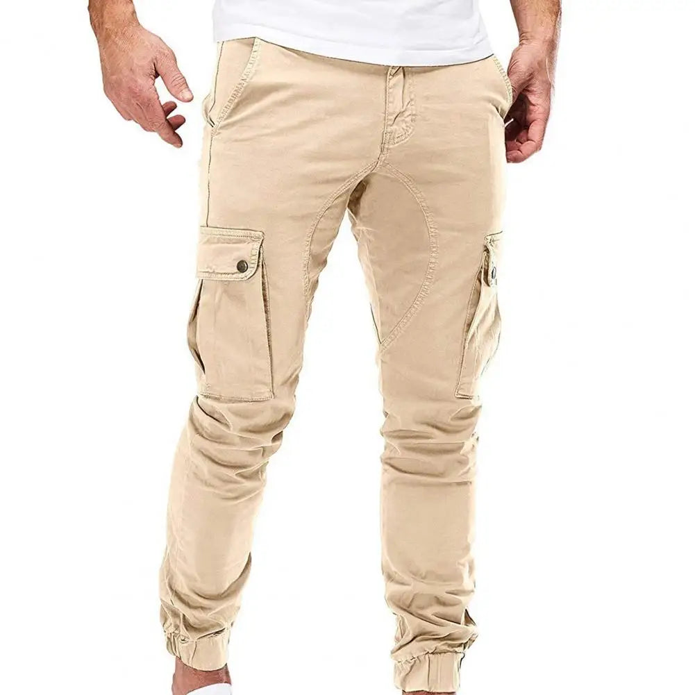 Men Pants Drawstring Solid Color Ankle Banded Casual Multi Pockets Cargo Pants for Daily Wear