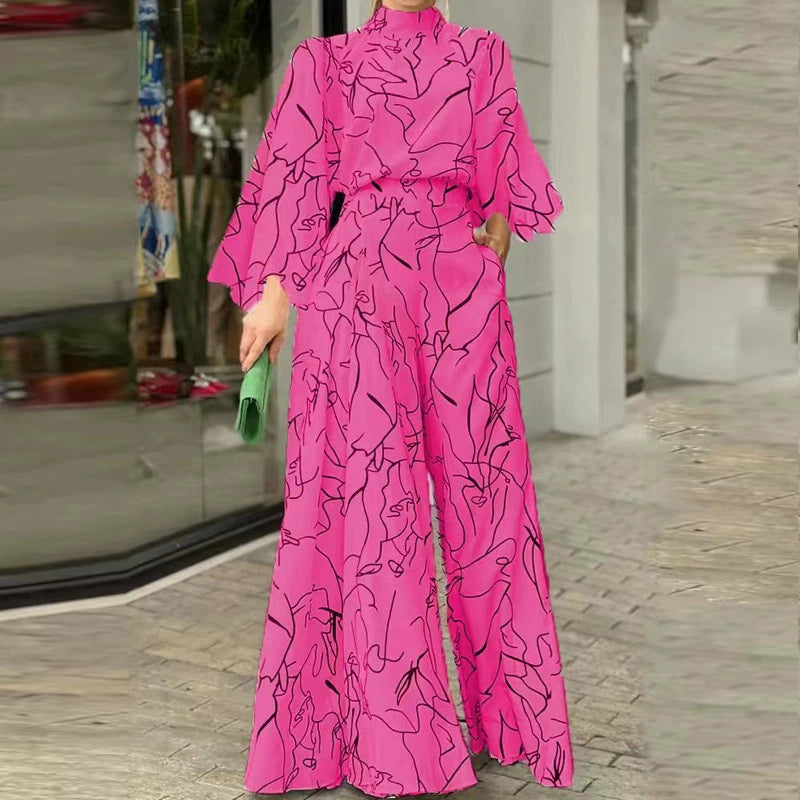 Female Temperament Leisure Print Long Sleeves Loose Jumpsuit Women Elegant Printed Jumpsuit