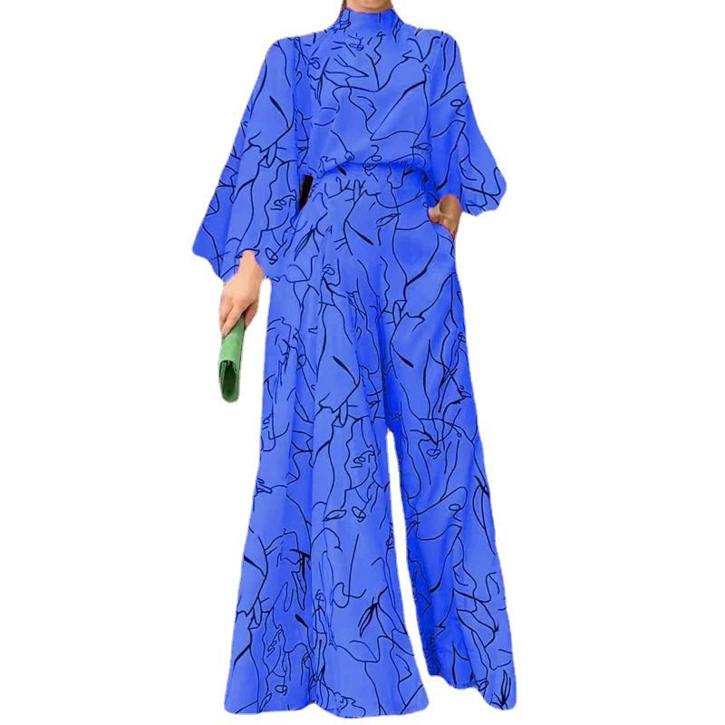 Female Temperament Leisure Print Long Sleeves Loose Jumpsuit Women Elegant Printed Jumpsuit