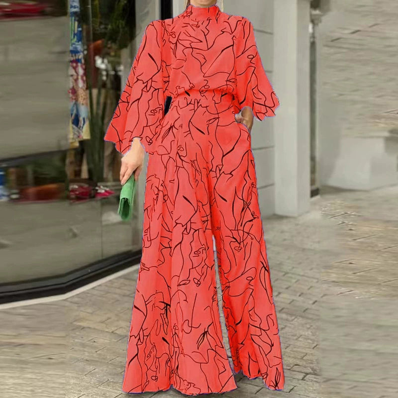 Female Temperament Leisure Print Long Sleeves Loose Jumpsuit Women Elegant Printed Jumpsuit