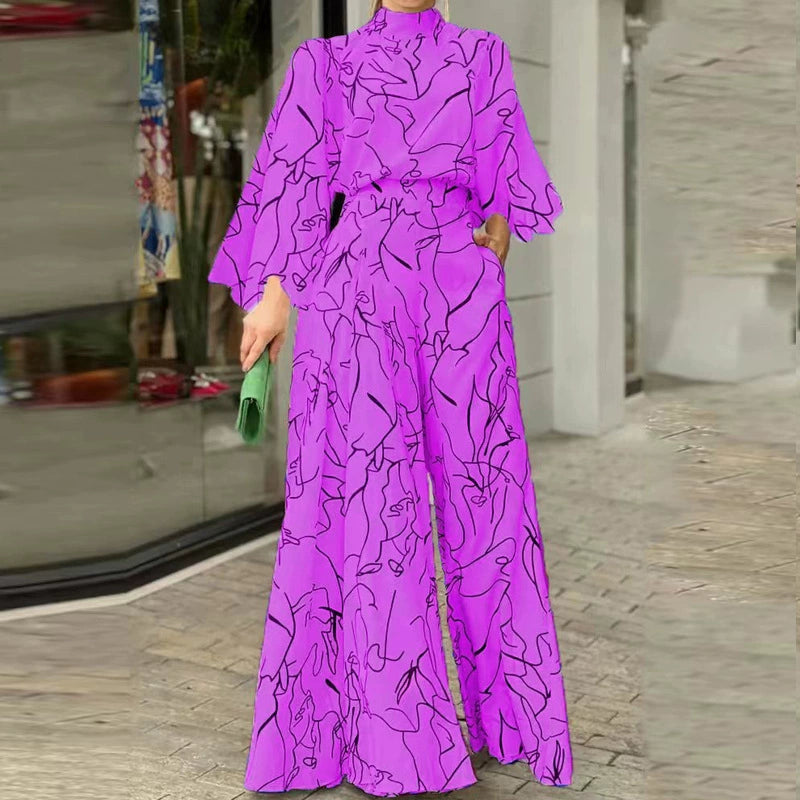 Female Temperament Leisure Print Long Sleeves Loose Jumpsuit Women Elegant Printed Jumpsuit