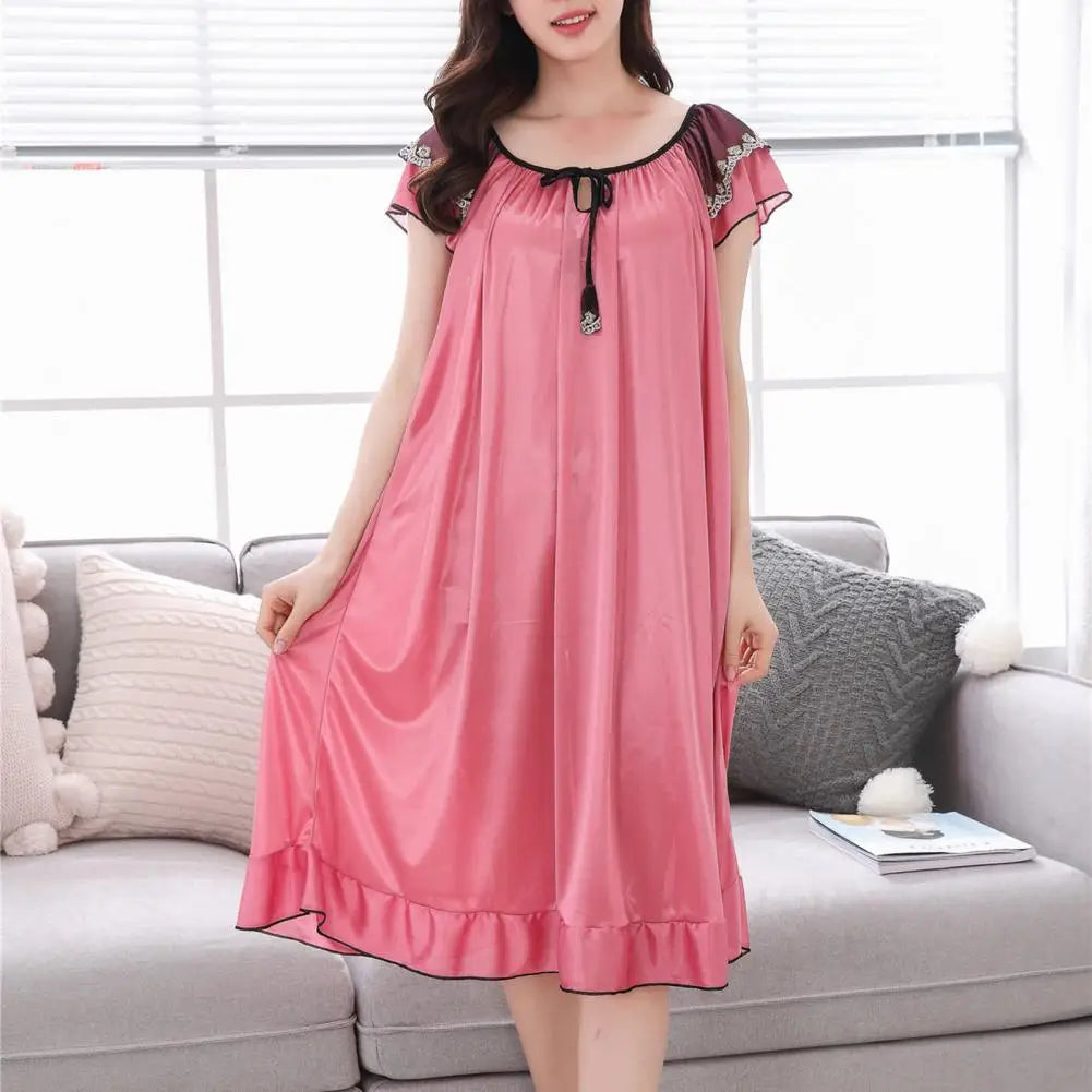 Sleeping Dress for Women Night Gowns Sleepwear Lace Long Sleeping Dress Casual Satin Ruffle Hem Summer Nightdress Pajama Dress