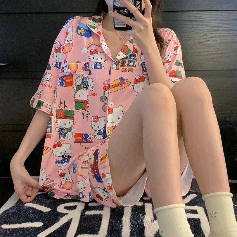 Cute Women's Summer Pajamas Set Cartoon Hello Kitty Nightgown Loose Soft Sleep Tops Short Sleeve Sweet Girls Sleepwear Clothes