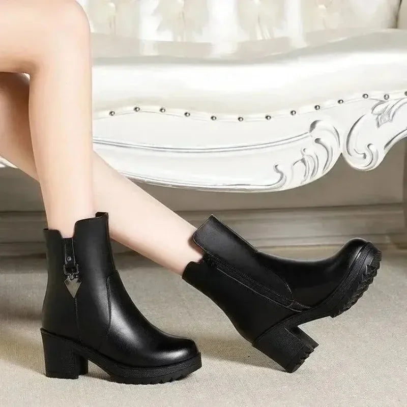 2025New Winter Women's Boots Luxury Casual Leather Boot Fashion High Heel Ankle Boots for Women Plush Warm Snow Boot Botas Mujer
