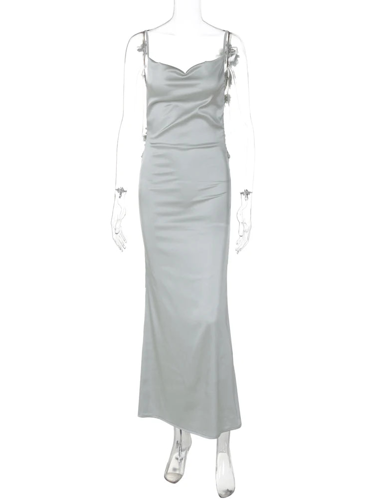 Hugcitar Elegant Satin Solid Slips Backless Tie Flowers Draped Sexy Slim Maxi Dress Spring Women Y2K Clothes Birthday Vacation