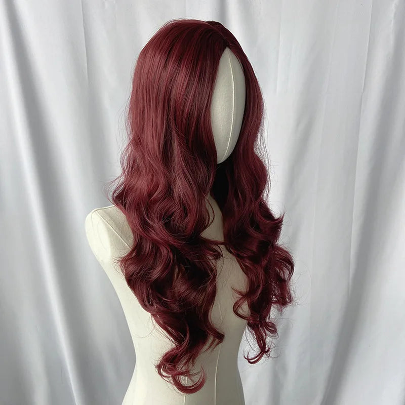 European and American Synthetic Wig Wine Red In Large Waves Long Curly Hair Women Fashion Daily Party Use Full Head Cover