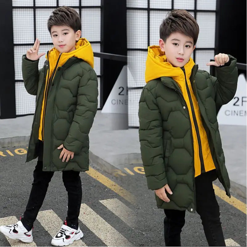 Children's down jacket new winter boys' and girls' Plush warm medium length jacket hooded large wool collar cotton padded jacket