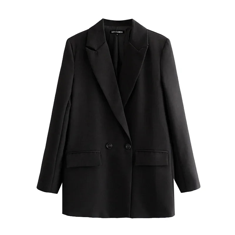Women Black Blazer 2025 Fashion Office Wear Double Breasted Blazer Coat Vintage Long Sleeve Pockets Female Outerwear Chic Tops