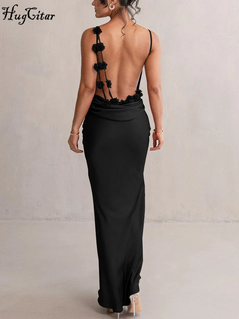 Hugcitar Elegant Satin Solid Slips Backless Tie Flowers Draped Sexy Slim Maxi Dress Spring Women Y2K Clothes Birthday Vacation